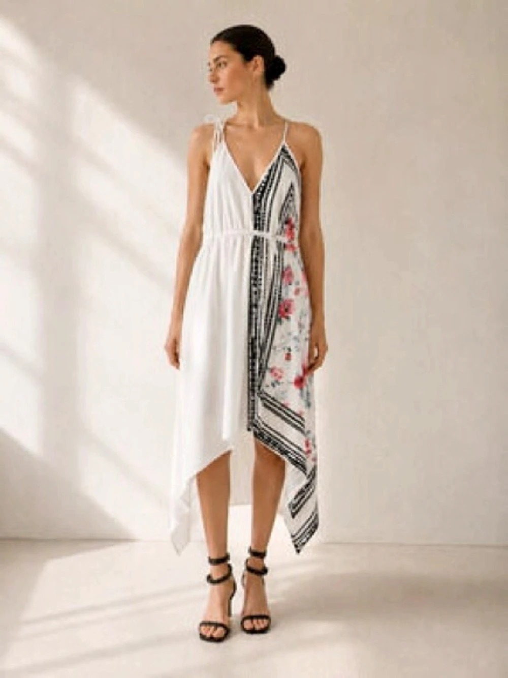 NWT ZARA Scarf Print Halter Dress Floral Midi White & Black